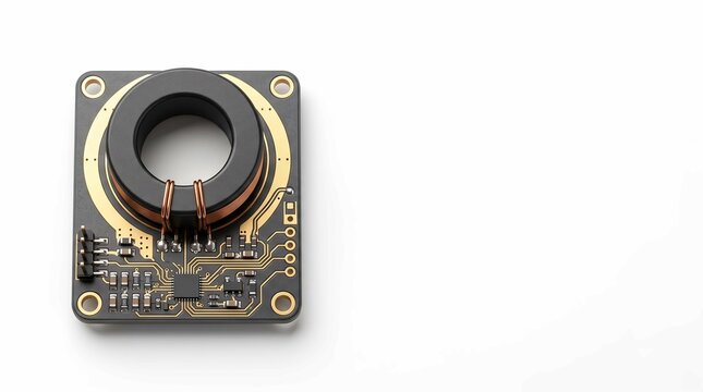 Electronic circuit board with toroidal inductor component on white background