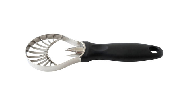 stainless steel avocado slicer cutter tool with ergonomic handle for easy fruit preparation kitchen utensil isolated on white background
