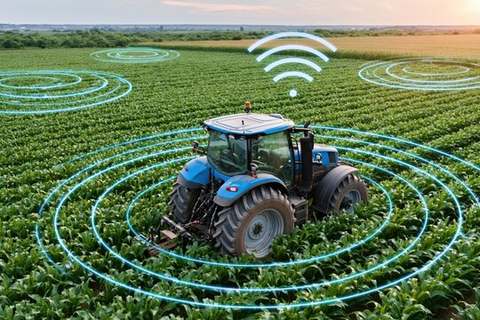 Modern blue tractor in a lush green field with futuristic digital network signals and Wi-Fi.