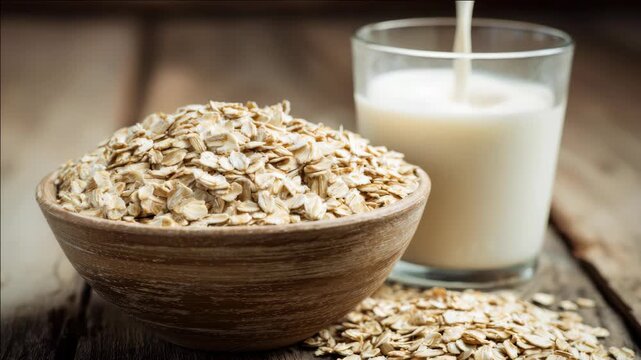 A wooden bowl filled with oat flakes accompanied by a glass of milk on a rustic table.