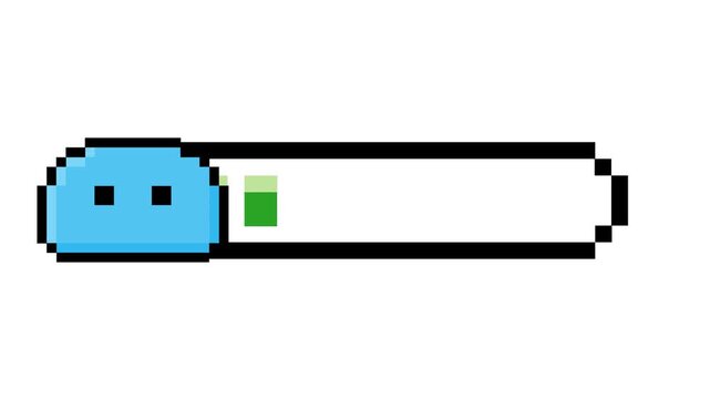 Charming pixel art progress bar with a blue slime creature and a green fill, ideal for retro game UI and digital status indicators