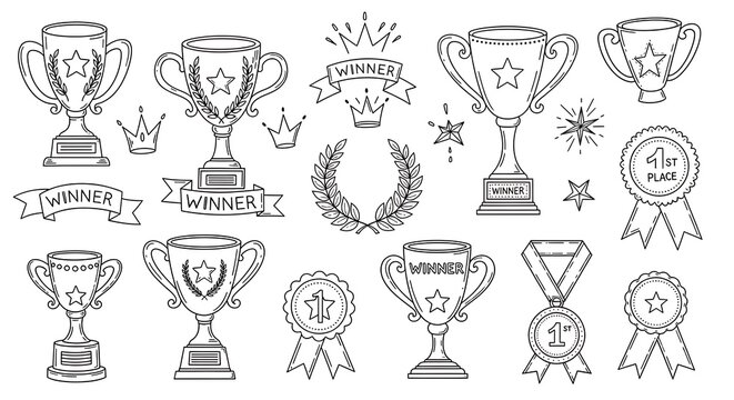 Hand Drawn Award Trophy Collection Arranged on White Background