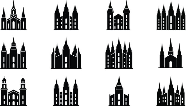 Collection of Mormon Temple Silhouettes Isolated on White Background.