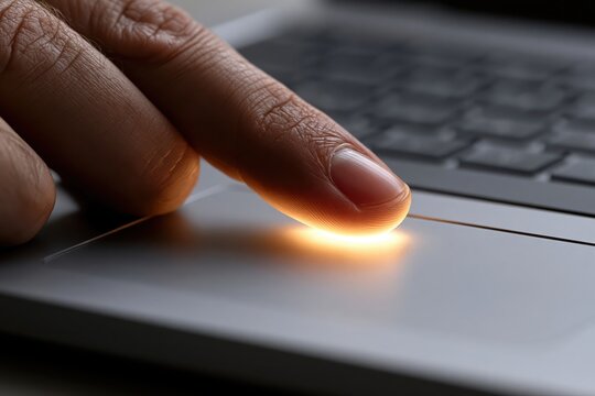 Close-up of a finger activating a glowing touch sensor on a modern laptop touchpad, symbolizing technology and interaction.