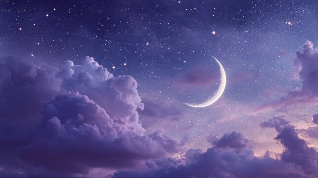 Sleepy purple evening mystical moonlight sky with clouds and stars tranquil slumber relaxing meditation cosmos background backdrop wallpaper crescent moon .