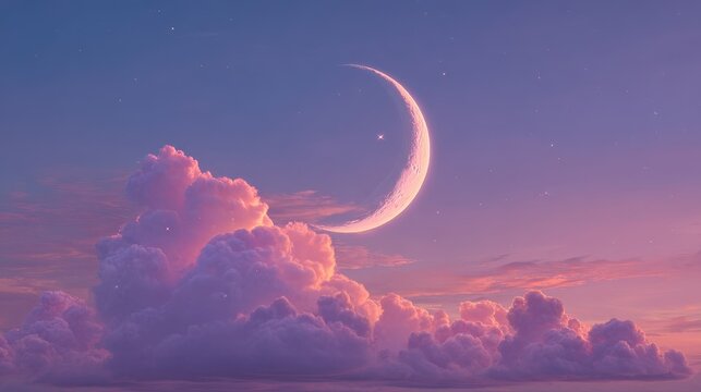 Sleepy purple evening mystical moonlight sky with clouds and stars tranquil slumber relaxing meditation cosmos background backdrop wallpaper crescent moon .