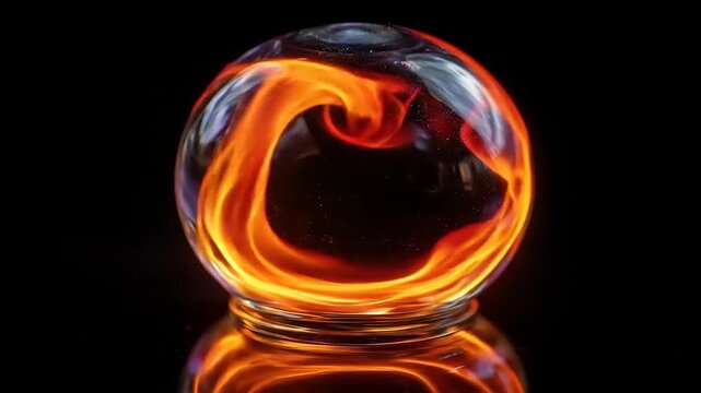 Crystal sphere containing vibrant, swirling flames against a dark background