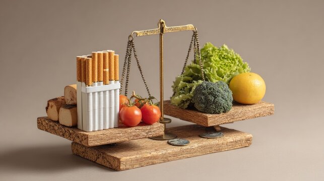 Weighing scale showing cigarette pack on one side, healthy fruits and vegetables on other, lifestyle choice metaphor, balanced composition, wellness decision visualization