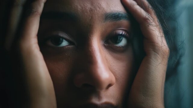 Portrait of a young woman in deep thought with her hands on her face. She is looking directly at the camera with a serious expression.