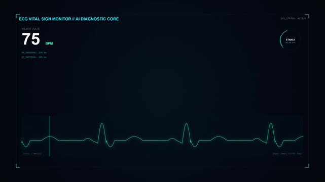 Futuristic ECG monitor displaying heart rate changing rhythm medical animation