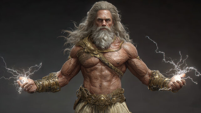 Greek mythology god Zeus. Fantasy. A detailed digital artwork depicts a muscular male figure with a long, flowing white beard and gray hair. He wears ornate.