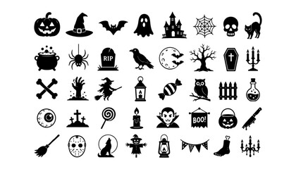 Obraz premium Halloween silhouette icons set, spooky holiday vector elements with pumpkin, ghost and skull, black flat icons for autumn party decoration