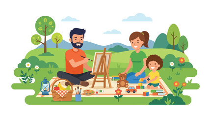 Fototapeta premium A happy family enjoys a sunny day at the park, with the father painting on an easel while the mother and child play together on a picnic blanket.