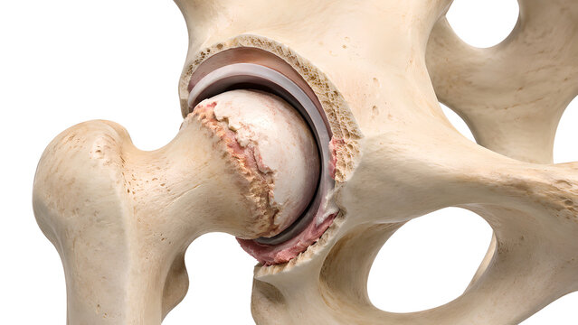 Hip osteoarthritis cartilage loss in femoral head, photorealistic 3D medical render of human hip joint anatomy with preserved acetabulum for orthopedic education, radiology, and patient care design