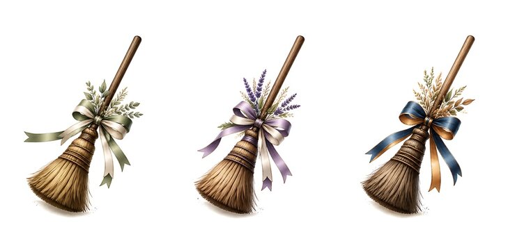 Halloween broomsticks with decorative ribbons and flowers for witchy decor