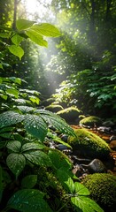Fototapeta premium Sunlight streaming through lush green forest leaves with morning dew.