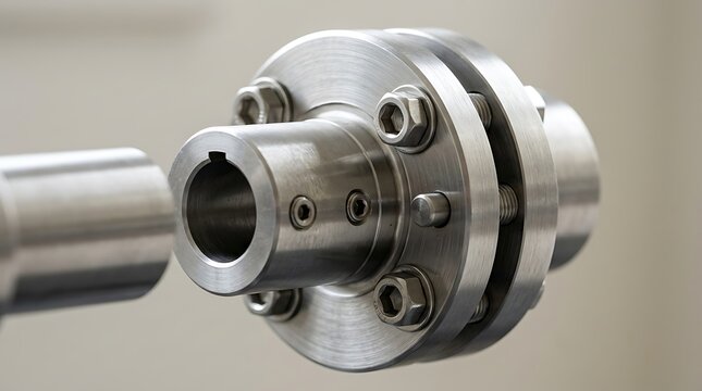 Industrial metallic shaft coupling detail, highlighting precision engineering and strong bolted connection for efficient mechanical power transmission and machinery integration