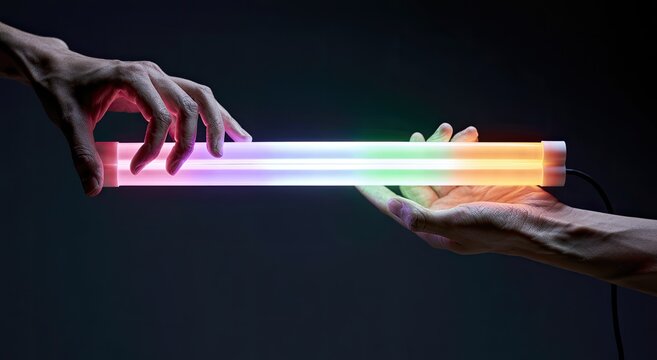 Two hands reach out, holding a glowing, multi-colored light tube in a dark background