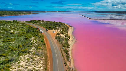 Vibrant pink hues of Hutt Lagoon captured from above, a natural wonder in Western Australia © jovannig