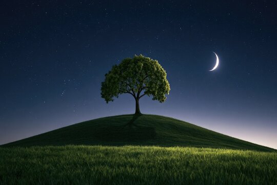 Lone tree on grassy hill under crescent moon and starry night sky
