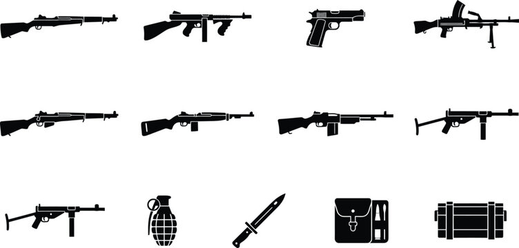 Collection of vintage military weapons and equipment icons.