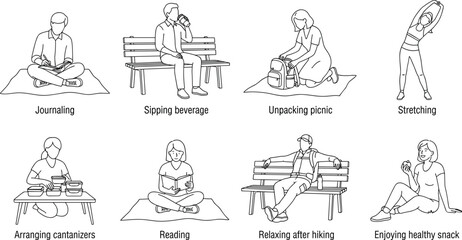 Fototapeta premium Everyday Lifestyle Activities Line Illustration Set Featuring Reading Journaling Picnic Relaxation Stretching and Healthy Living