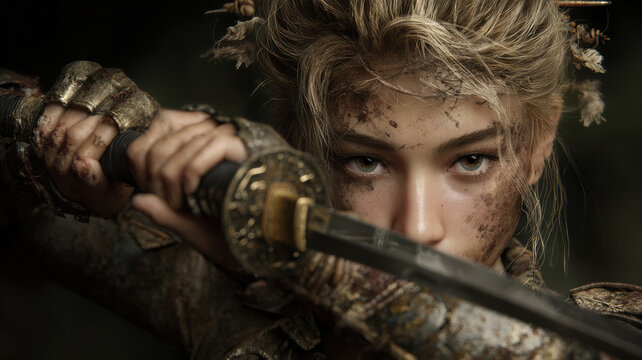 Fantasy wallpaper. A closeup portrait of a warrior, captured in a dramatic and intense pose. The warriors face is covered in dirt and mud, and their intense blue eyes are the focal point.