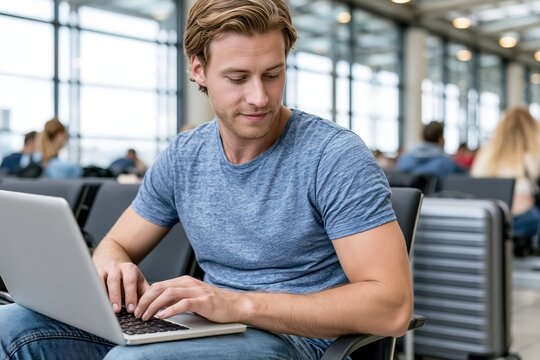 Young man working on his laptop computer while waiting in an airport departure lounge, looking focused and productive.