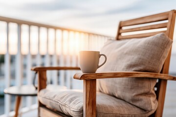 Fototapeta premium Cozy wooden armchair with a mug of coffee on a balcony at sunset, peaceful morning or evening relaxation.