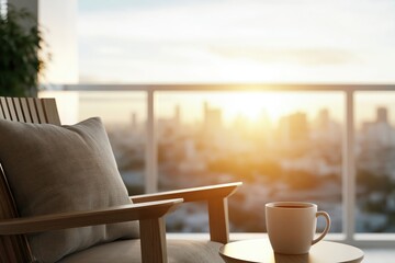 Fototapeta premium Relaxing balcony chair with coffee cup overlooking a city skyline at golden hour sunset.