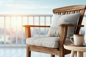 Fototapeta premium Cozy wooden armchair with cushion and coffee cup on a balcony overlooking a city at sunrise.