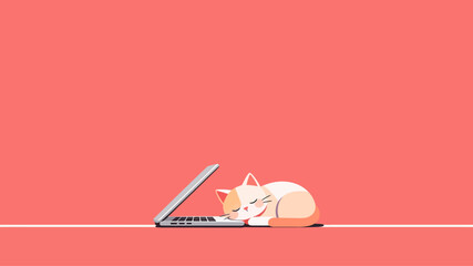 Cute minimalist cartoon cat sleeping peacefully on a laptop keyboard with soft coral pink background © MuhammadHaris
