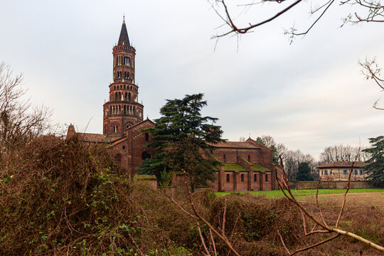 Winter Side View of Chiaravalle Abbey, Milan, Lombardy, Italy