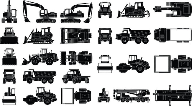 Construction vehicles icon sheet featuring excavator bulldozer dump truck and roller blueprint vector shapes top view