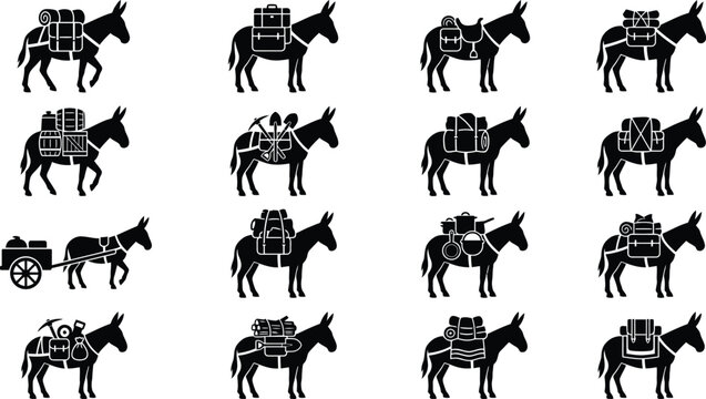 Donkey Carrying Luggage Collection Silhouette Icons.