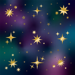 Fototapeta premium Mystical Celestial Background with Golden Shiny Stars and Galaxy Nebula Texture Vector
