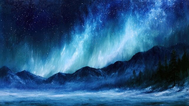 Vibrant blue aurora dances over a snowy, mountainous landscape at night