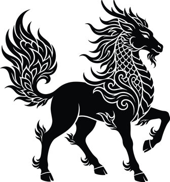 Mythical Kirin standing silhouette legendary east asian chimerical creature qilin vector emblem on white backdrop