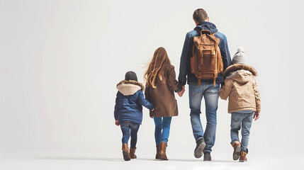 Fototapeta premium Photorealistic isolated cutout image of a parent gently holding a small child's hand while walking, captured from a back angle on a white background. 