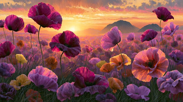 Field of vibrant poppies bathed in warm sunset light, with distant mountains