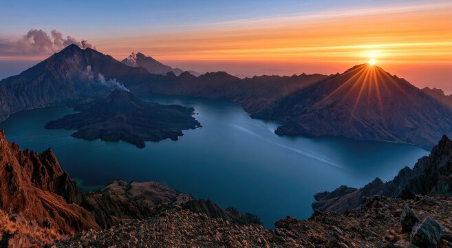 Volcanic caldera lake at sunrise with glowing sky and distant smoking peaks