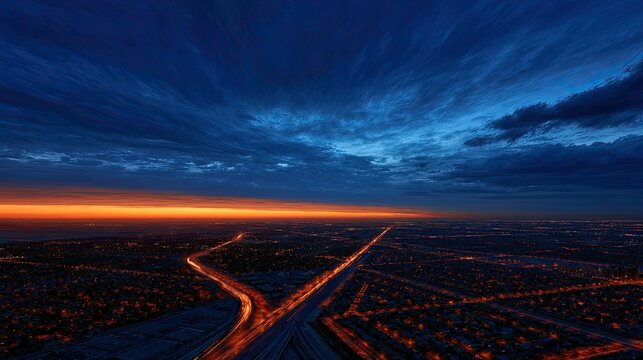 Expansive cityscape glows under a dramatic, twilight sky with streaking clouds