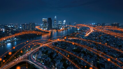 Fototapeta premium Futuristic city at night with glowing orange network lines connecting buildings