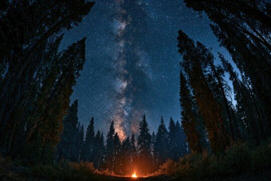 Starry night sky over a glowing campfire surrounded by tall, dark forest trees