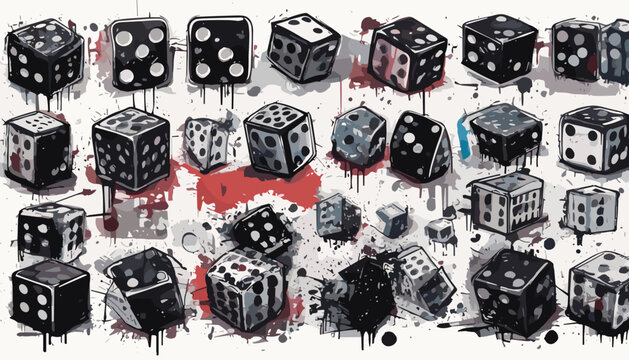 Dark Grunge Gaming Dice Graphic Illustration Set for Alternative Apparel and Boardgame Branding