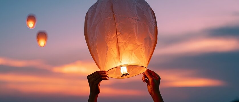 Hands hold a glowing sky lantern against a dusky, colorful sky