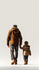 Fototapeta premium Photorealistic isolated cutout image of a parent gently holding a small child's hand while walking, captured from a back angle on a white background. 