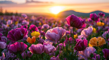 Fototapeta premium Vibrant field of colorful flowers bathed in warm sunset light