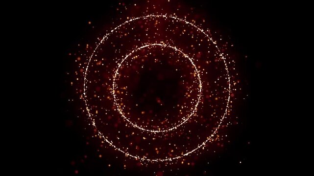 Seamless loop shows fiery toruses rotating with glowing yellow orange and red particles. Toruses create abstract motion for futuristic digital backgrounds. Suitable for technology visuals.