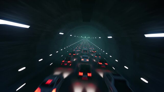 Futuristic 3D traffic tunnel with moving cars.